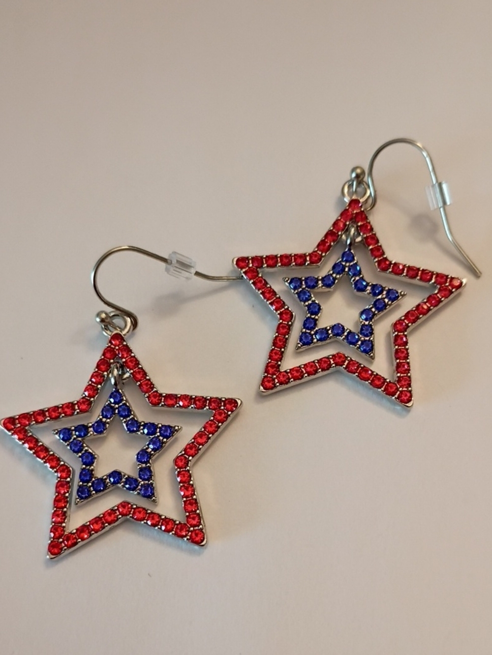 Sale Patriotic Star Dangle Earrings - Red & Blue Rhinestones